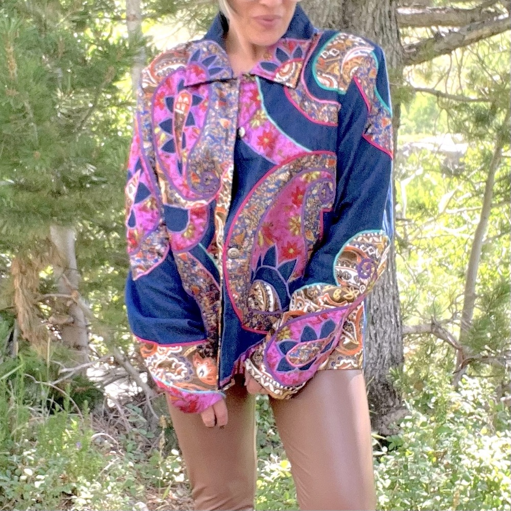 Vintage Coldwater Creek Denim Blazer With Silk Paisley Floral appliqué Large - Picture 1 of 8